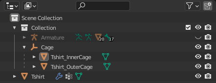 The Outliner in Blender showing two mesh objects called Tshirt_InnerCage and Tshirt_OuterCage.