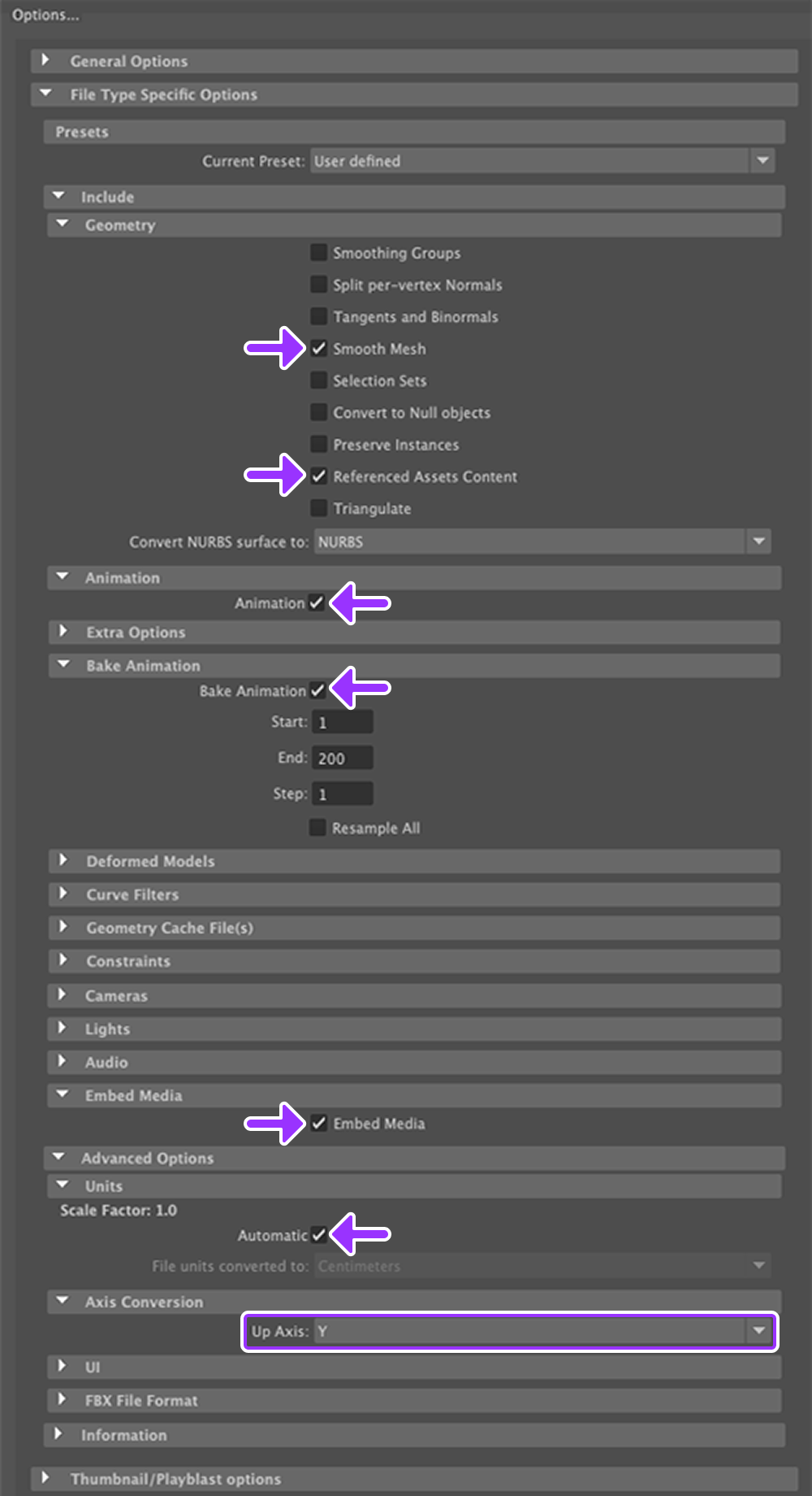 Screenshot of Maya export settings for exports with animation.
