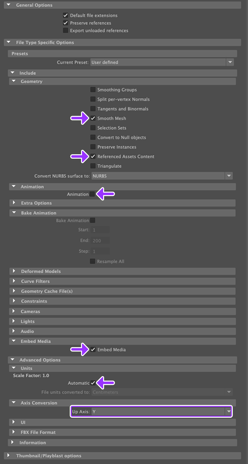 Screenshot of Maya export settings