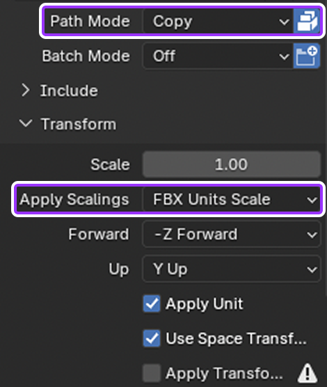 Screenshot of Blender export settings