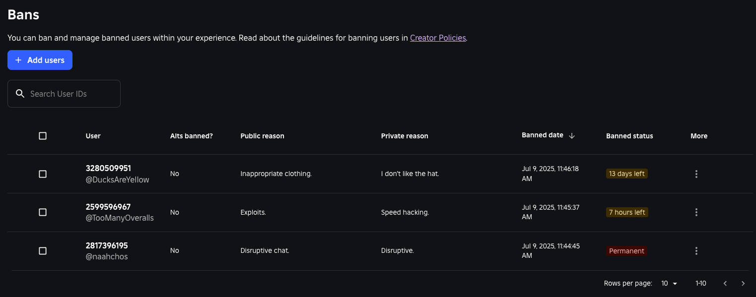 Overview of the Bans dashboard.