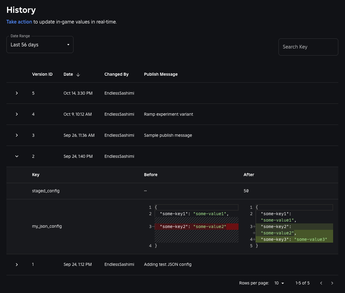The history page with diff expanded for a config value