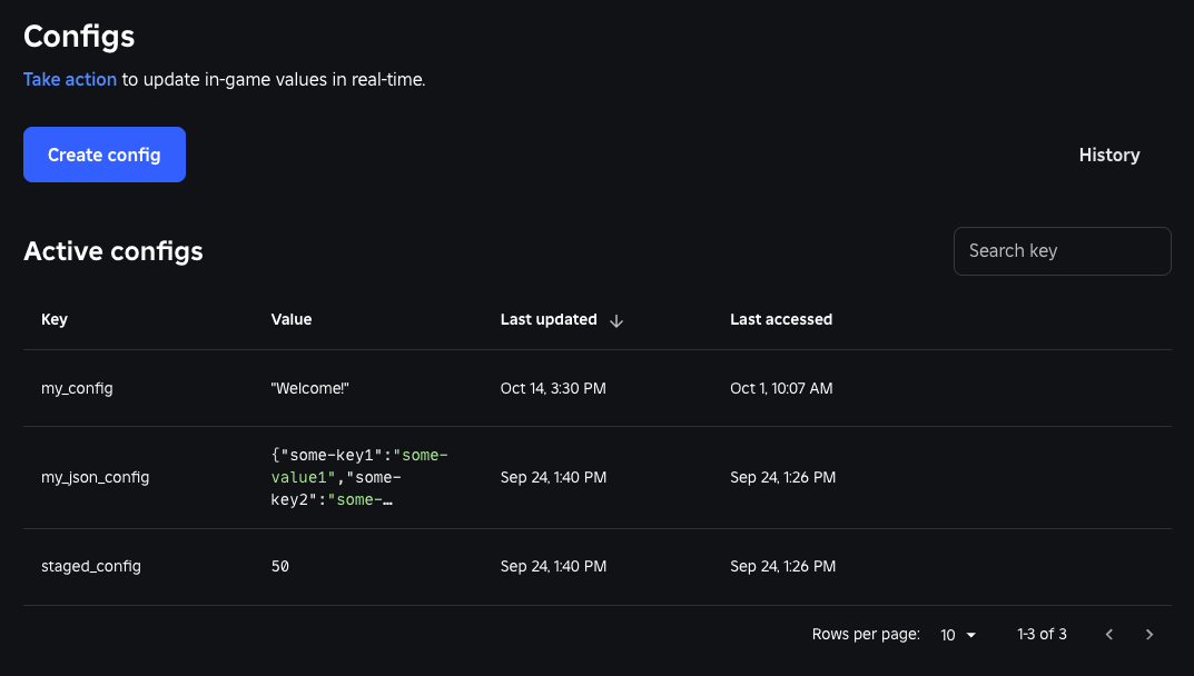 Overview of the Configs page on Creator Hub