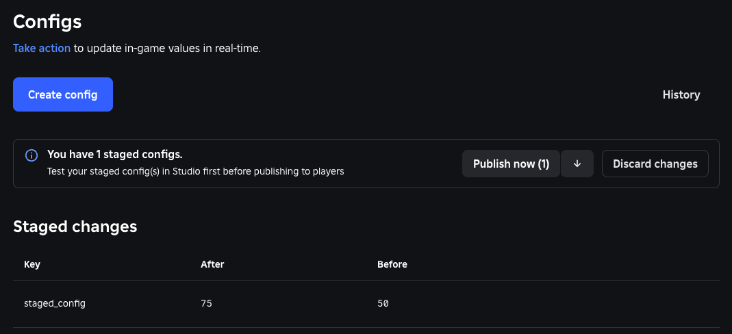 The Configs page showing unpublished changes