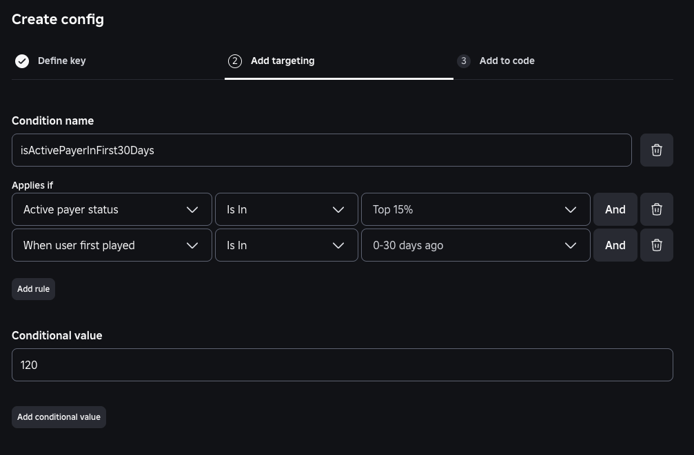The Add targeting step showing conditional rules for a config
