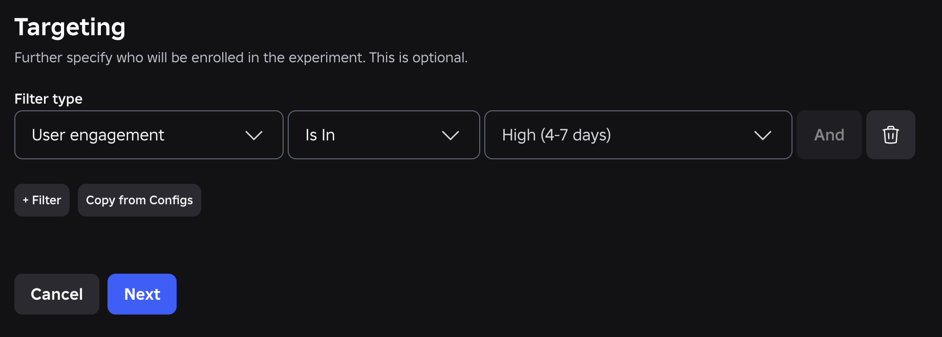 The optional targeting step during experiment creation