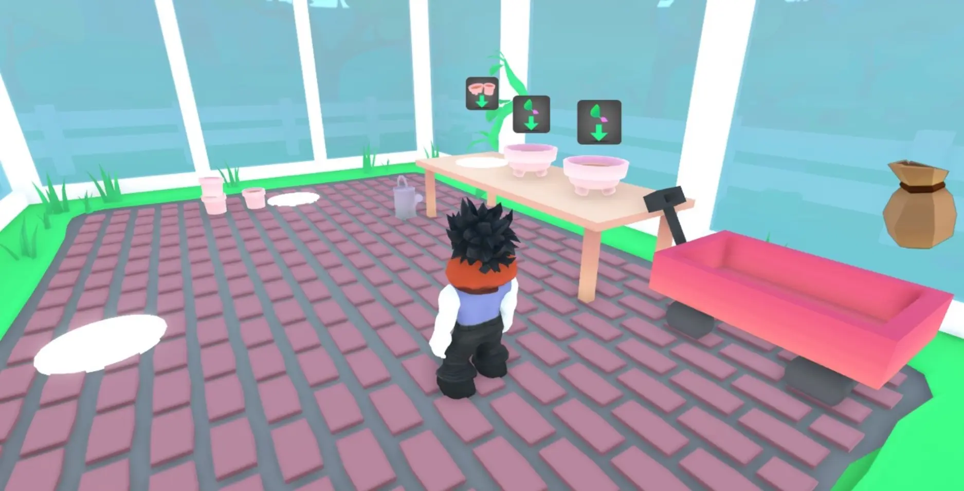 In-game view of Plant game showing prompts to plant seeds above the flowerpots.