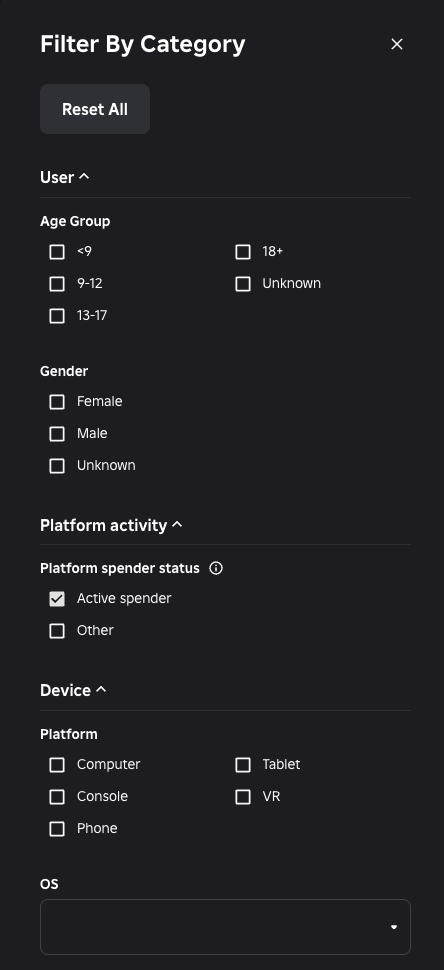 Filter options highlighting Platform spender status status