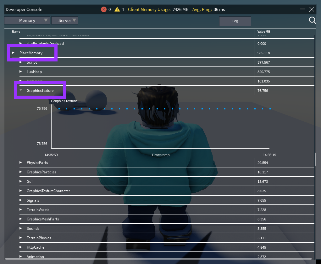 The Developer Console showing the server memory view.