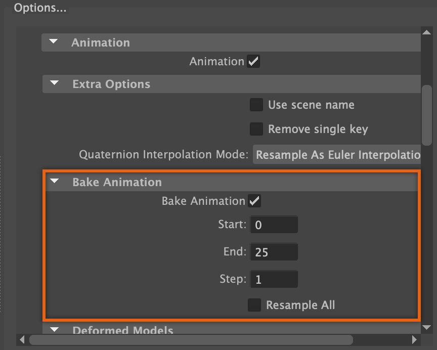 A close up view of the Options pane. The Bake Animation settings are highlighted.