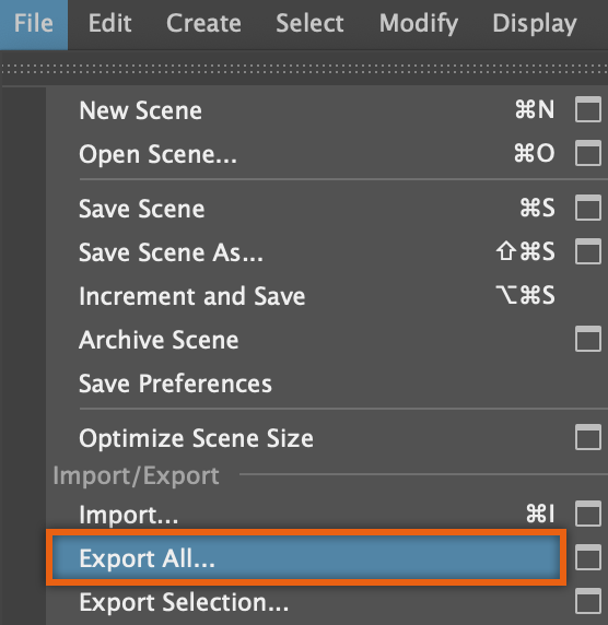 A close up view of the File dropdown menu in Maya. The Export All menu item is highlighted.