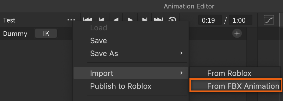 A close up view of the Animation Editor window. The ellipsis contextual menu displays, and the From FBX Animation submenu item is highlighted.