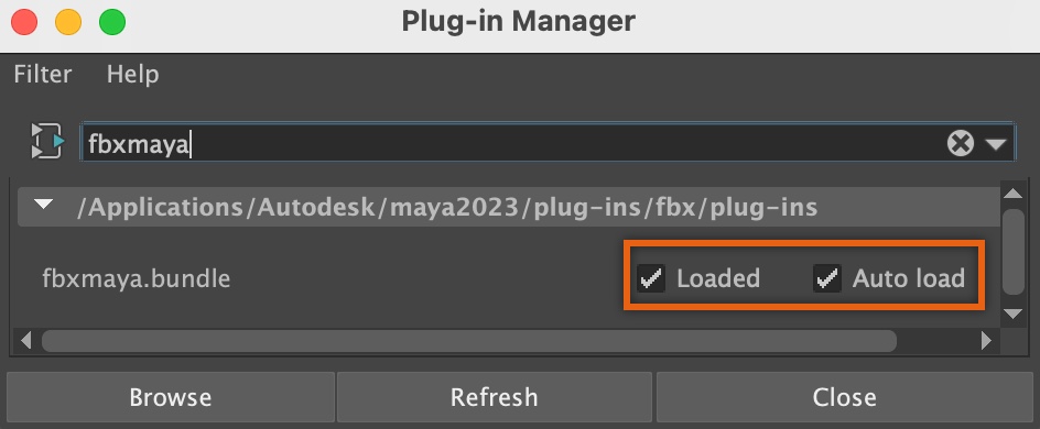 The Plug-in Manager with a close up view of the fbxmaya file. Its Loaded and Auto load settings are highlighted.