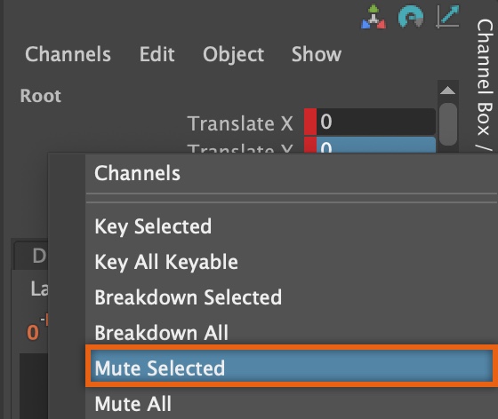 A close up view of the Channel Box in Maya. The Mute Selected menu item in the contextual menu from step 4 is highlighted.