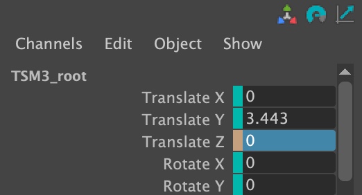 A close up view of the Channel Box in Maya. The Translate Z property channel box color is orange to signify it is muted. The rest of the values are in cyan blue to signify that they remain unmuted.