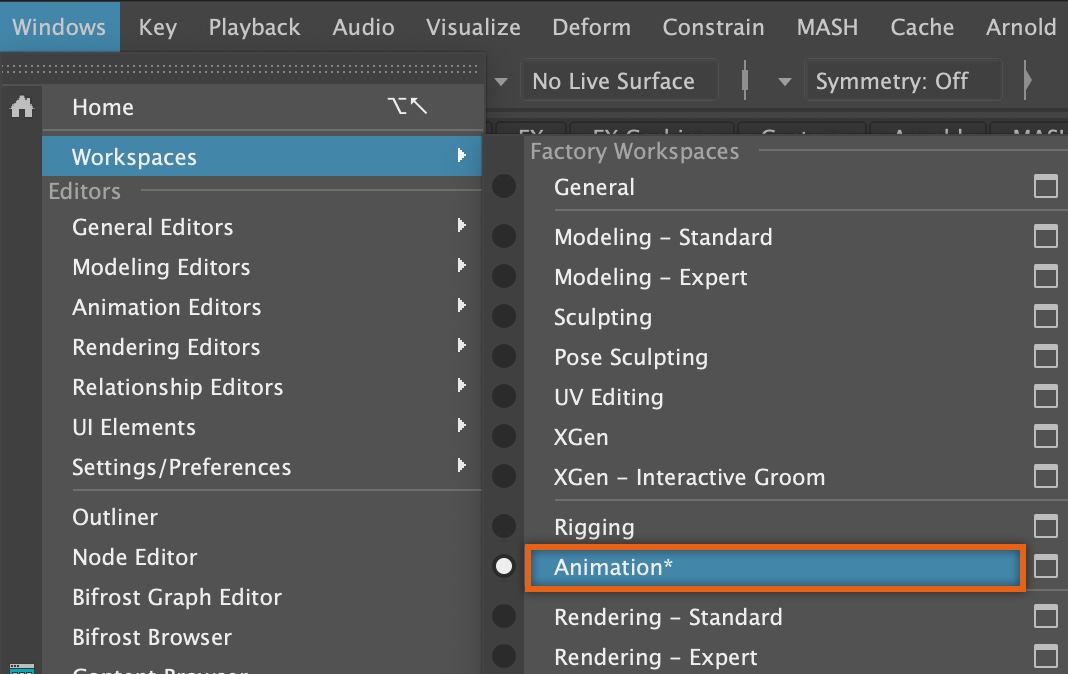A close up view of the Windows dropdown menu in Maya. The Workspaces menu item is highlighted, as well as the Animation submenu.