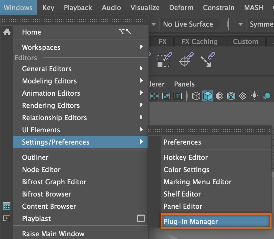 A close up view of the Windows dropdown menu in Maya. The Settings/Preferences menu item is highlighted, as well as the Plug-in Manager submenu.