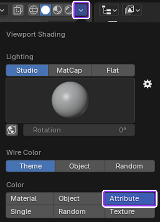 Blender's Viewport Shading dropdown menu with the dropdown arrow and Color settings highlighted.