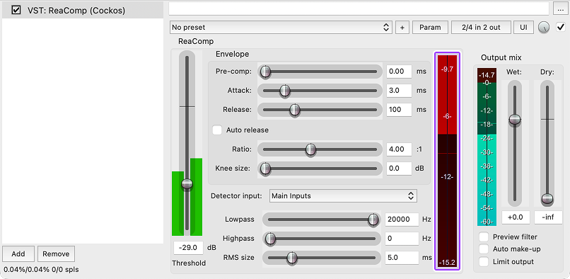 Reaper's Compressor UI with the compression bar highlighted.