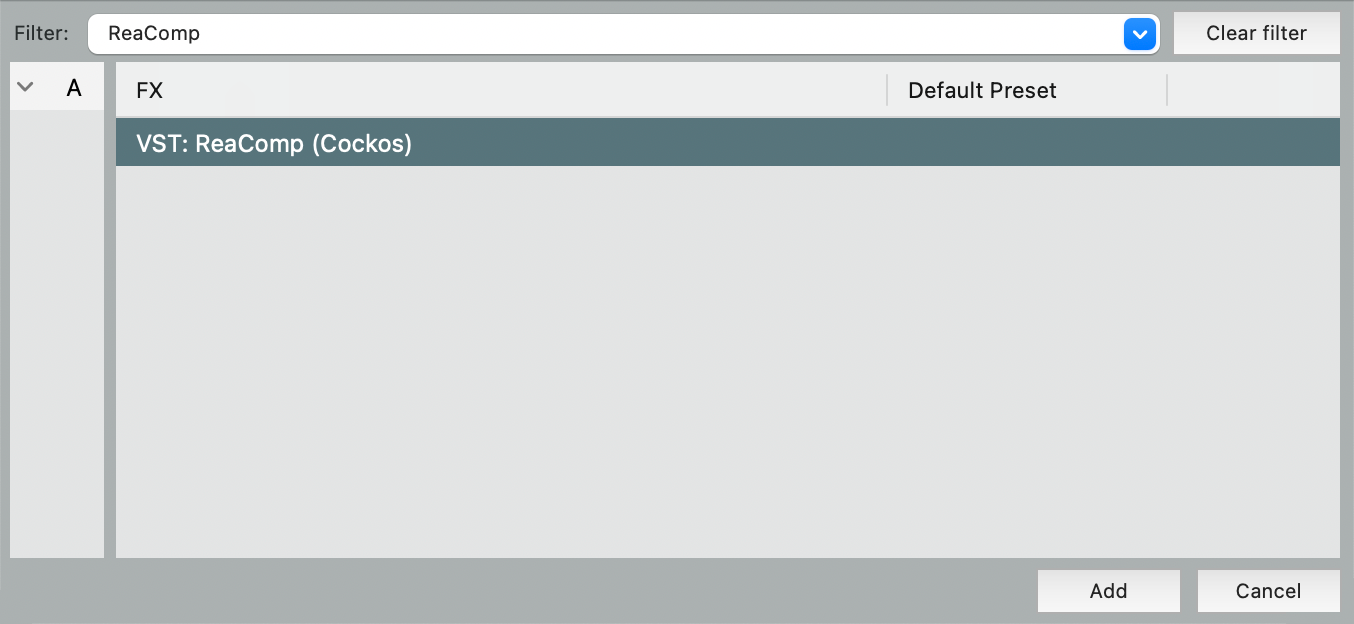 Reaper's Plugins Window with the ReaComp plugin highlighted.