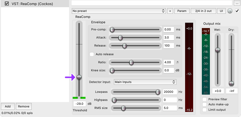 Reaper's Compressor UI with the Threshold toggle highlighted.