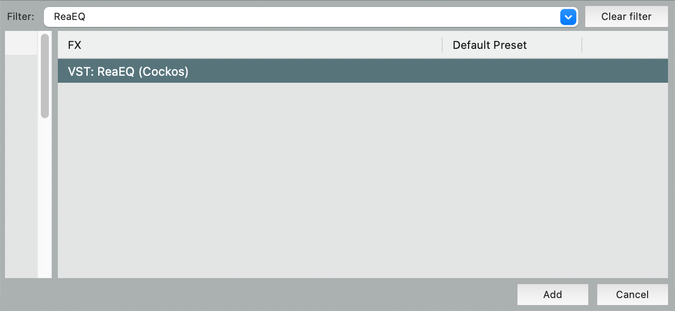 Reaper's Plugins Window with the ReaEQ plugin highlighted.