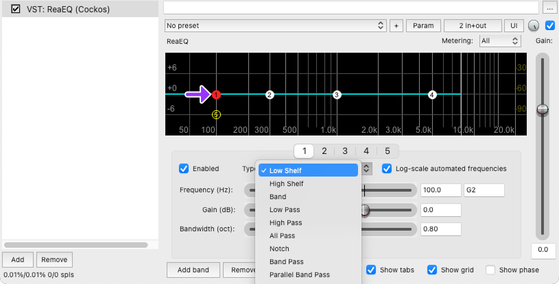Reaper's Equalizer UI with the first band highlighted and the Type dropdown set to Low Shelf