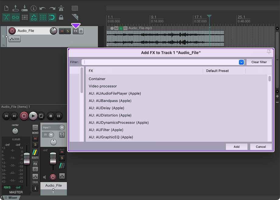 Reaper's UI with the FX Plugins window highlighted.