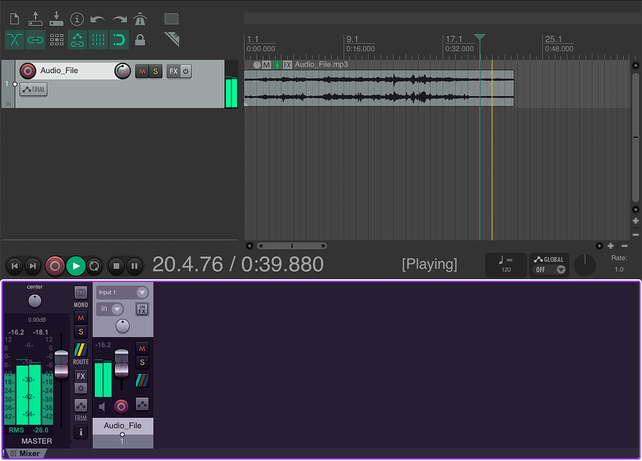 Reaper's UI with the Mixer Control Panel highlighted.