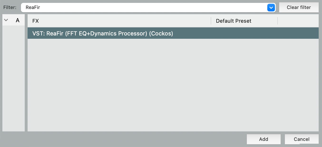 Reaper's Plugins Window with the ReaFir plugin highlighted.