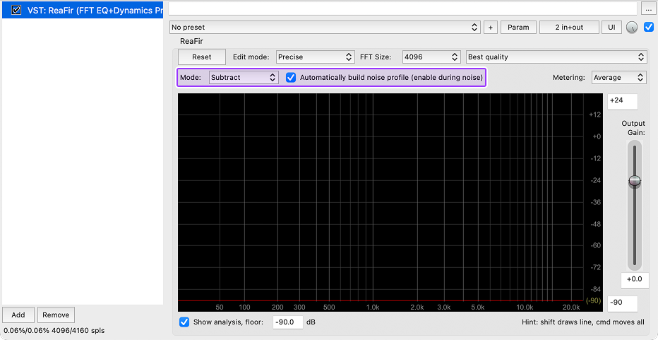 Reaper's Plugins Window with the noise reduction settings highlighted.