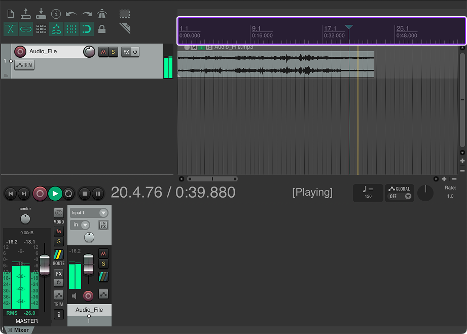 Reaper's UI with the Timeline highlighted.