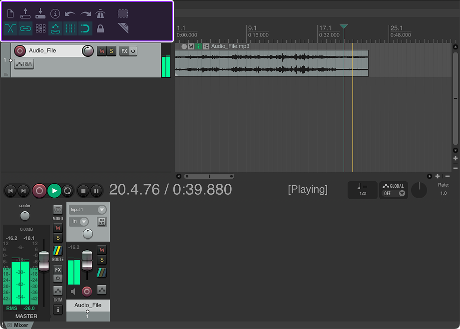 Reaper's UI with the main toolbar highlighted.