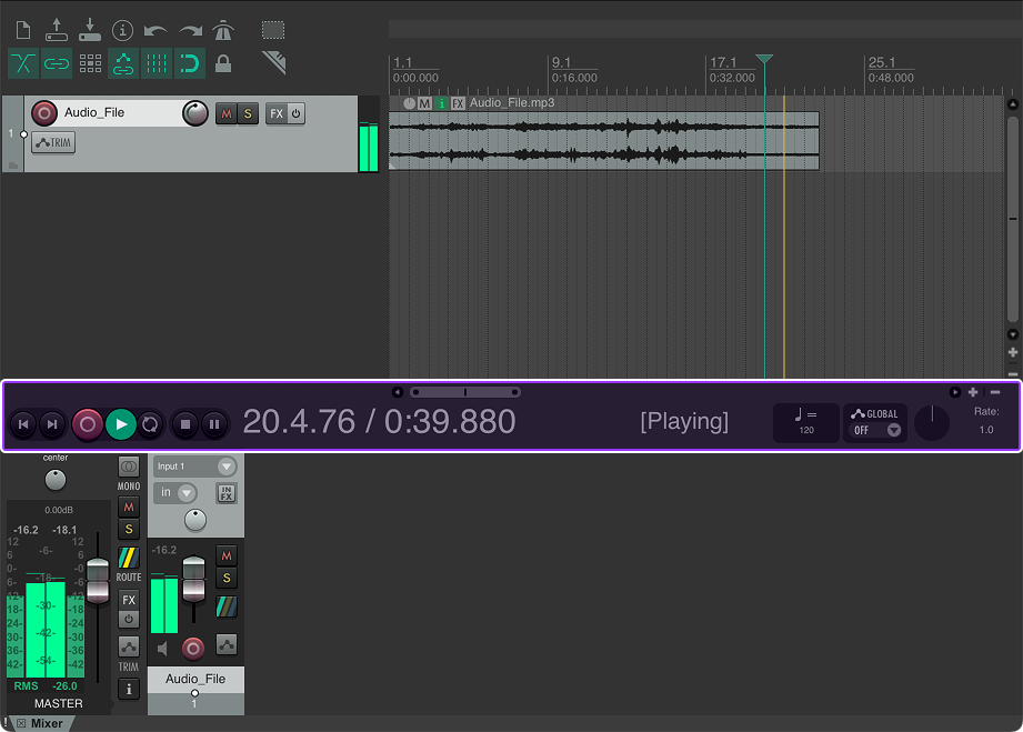 Reaper's UI with the Transport Bar highlighted.