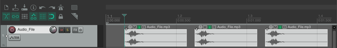Reaper's Arrange Area with three copies of an audio segment.