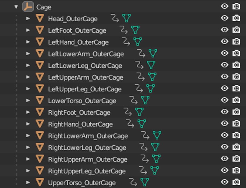 Screenshot of the 15 outer cage meshes that you must include with a character export.