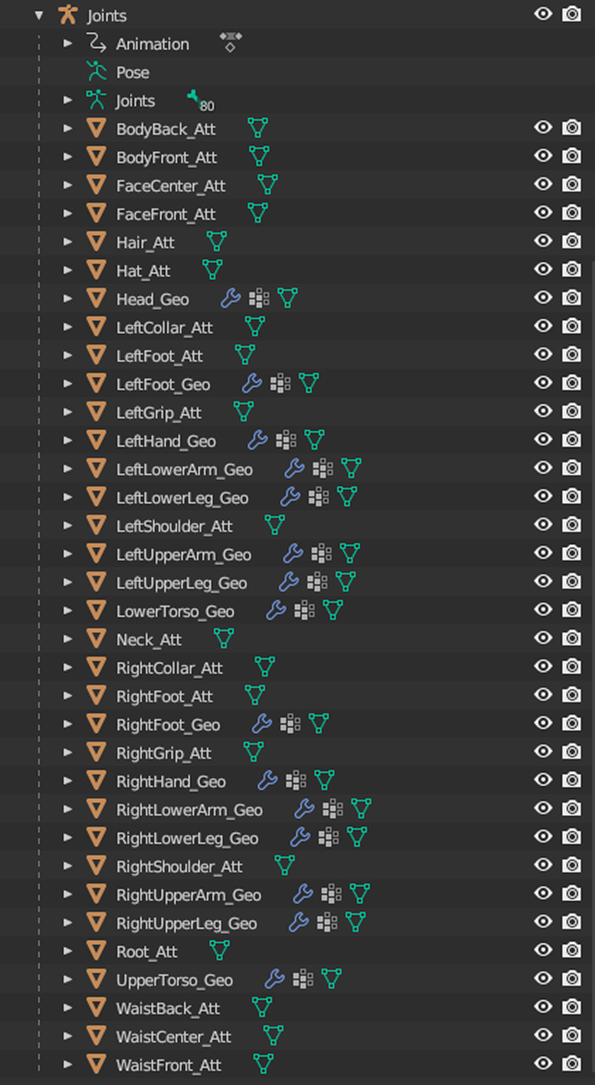 Screenshot of 15 child objects parented within an Armature object.