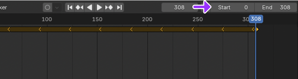 Zoom-in of Blender animation track indicating a Start value of 0 and End value of 308.