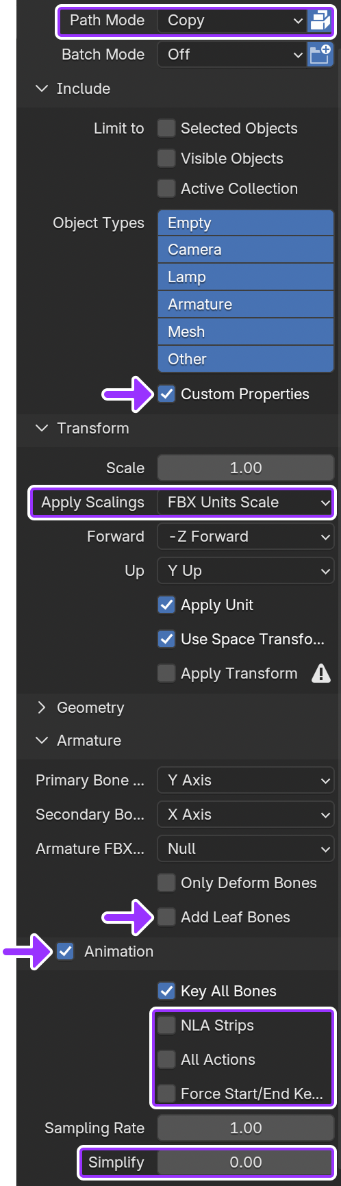 Screenshot of Blender export settings