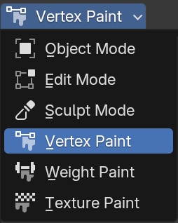Blender's Modes selector with the Vertex Paint Mode menu item highlighted.