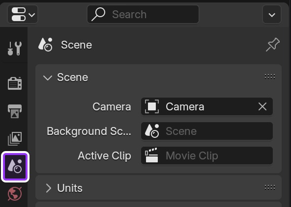Blender's Properties editor with the Scene tab highlighted.