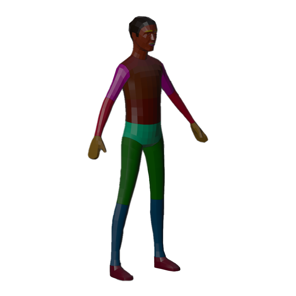 A humanoid shaped mesh in a neutral A-pose. Each section of the mesh is colored differently based on the body part.