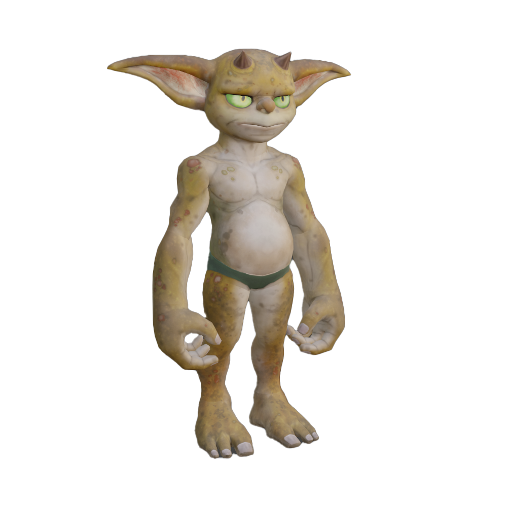 A brown goblin with bright green eyes.