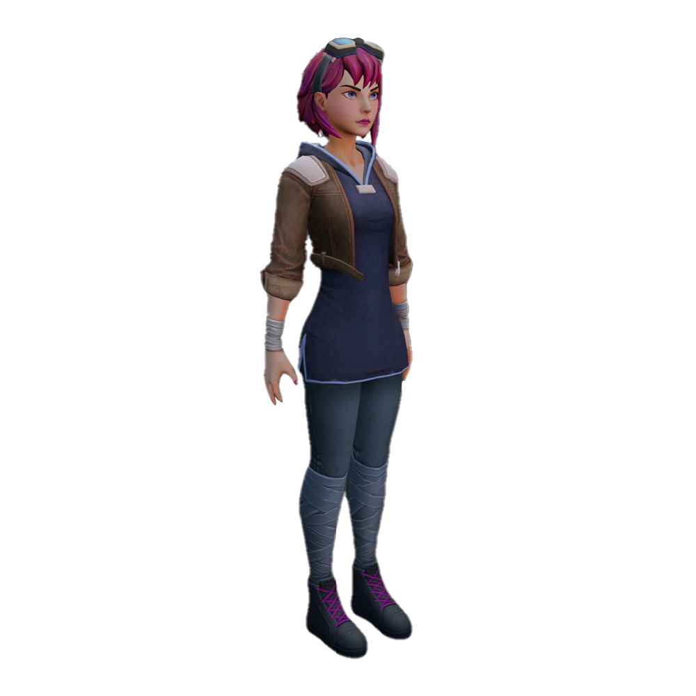 A pink-haired character complete with brown jacket, goggles, leggings, and pants.
