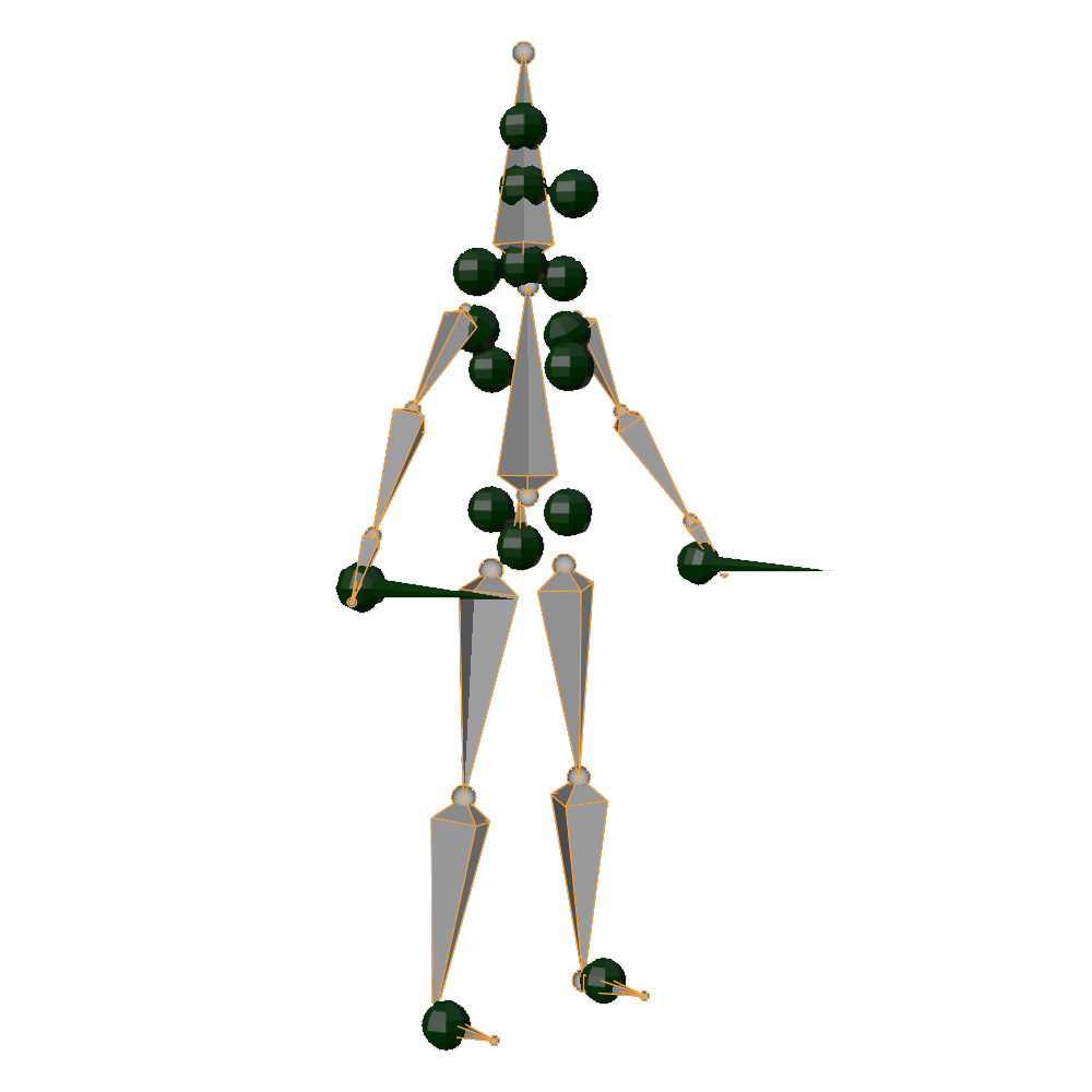 A Blender visualization of bones and attachment meshes in a neutral humanoid pose.