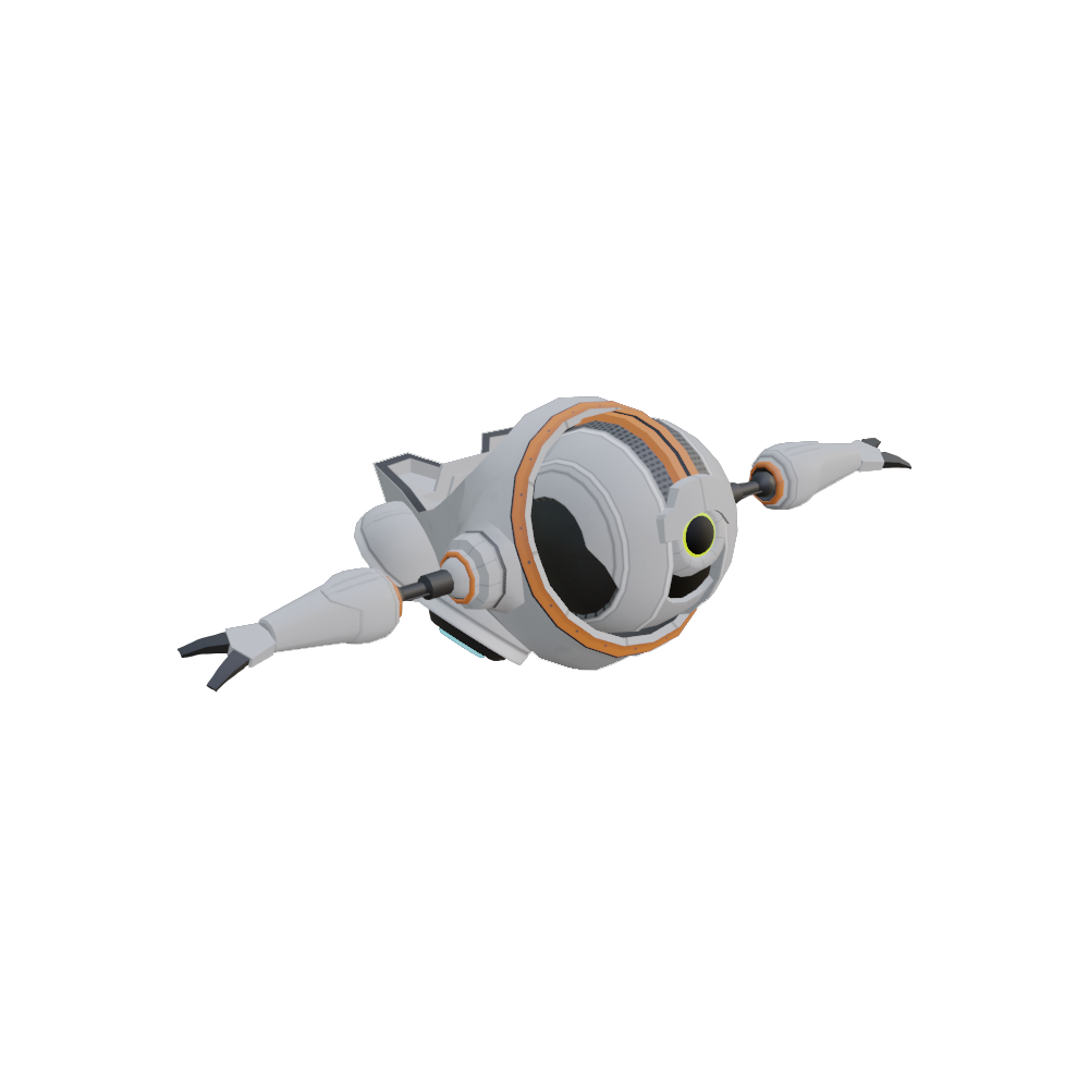 A white round robot with arms and orange trim.