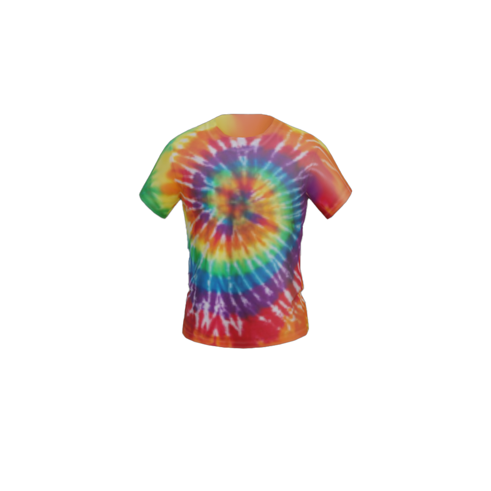 A tie-dye tshirt with a rainbow of colors in a general spiral toward the torso.