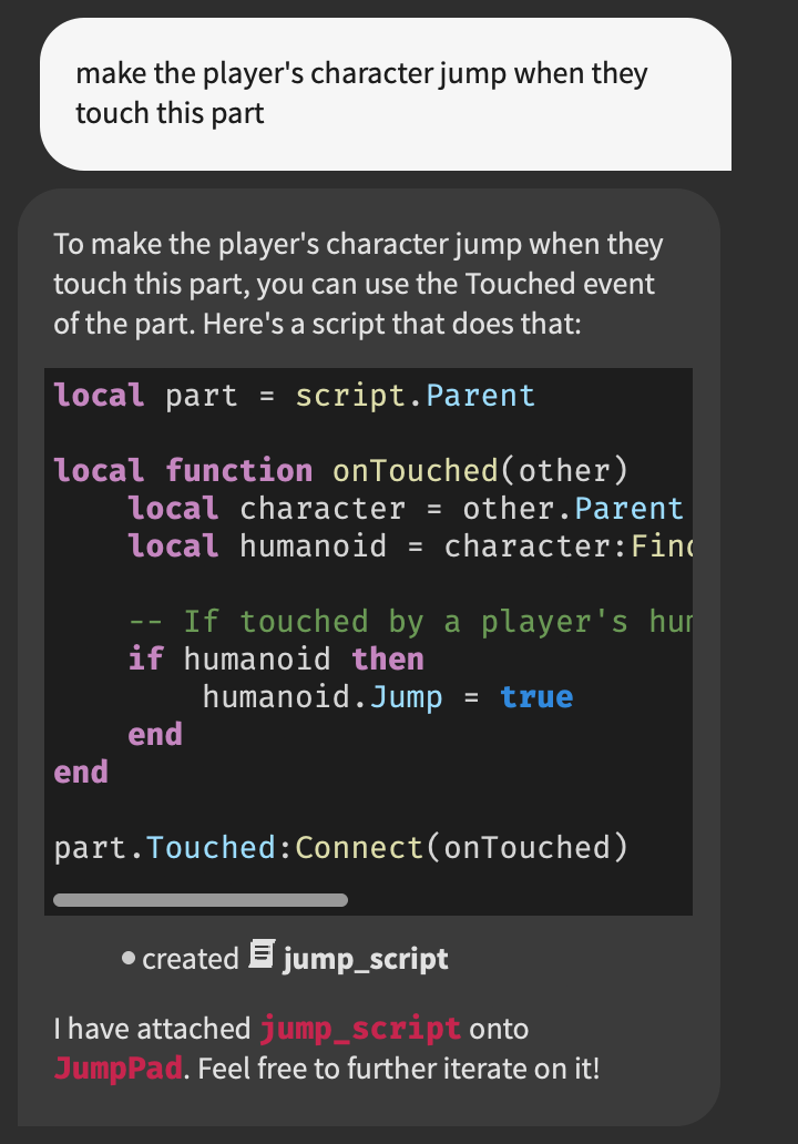 Requested script inserted into selected part.