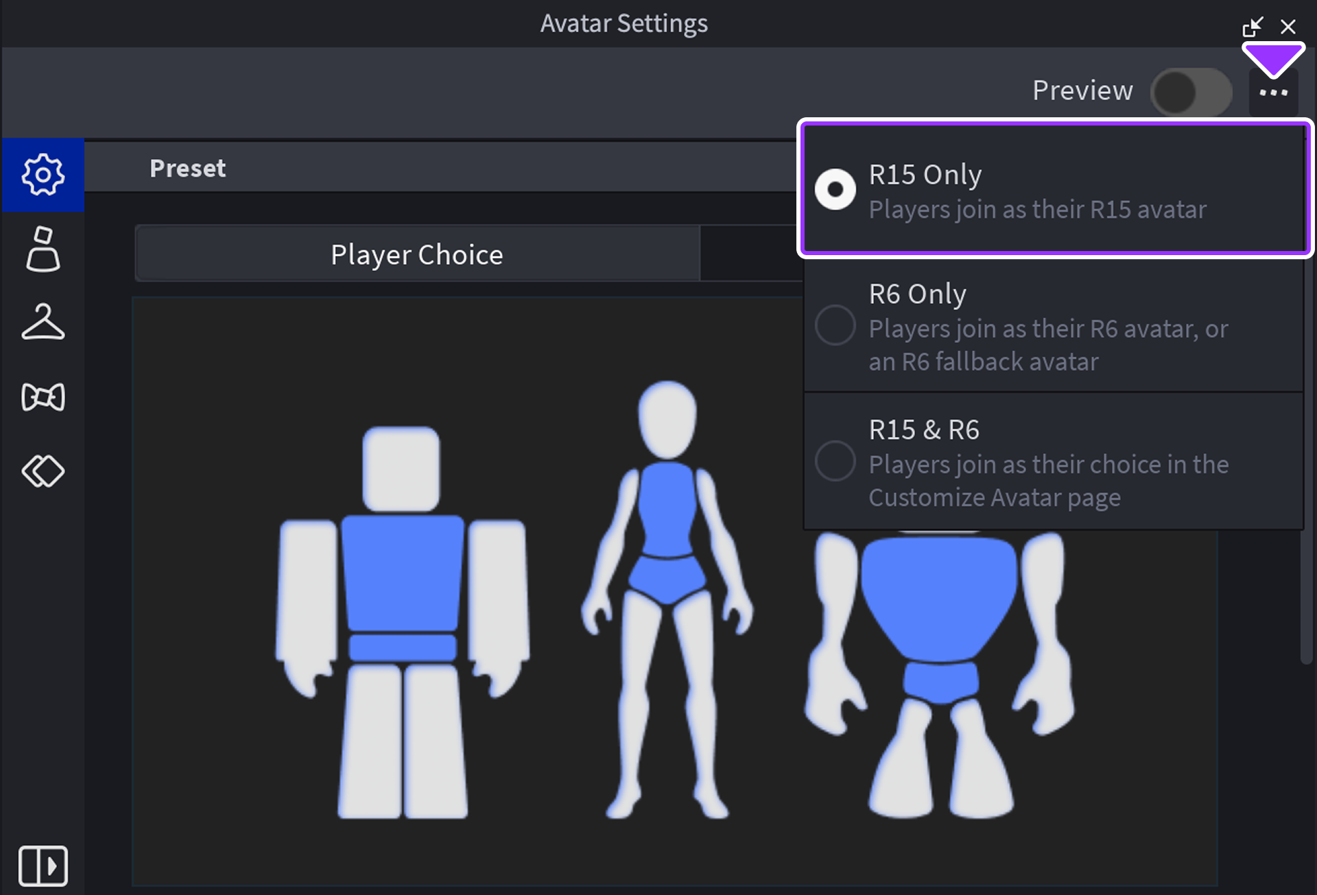 R15 Only button highlighted in the Avatar Settings window.