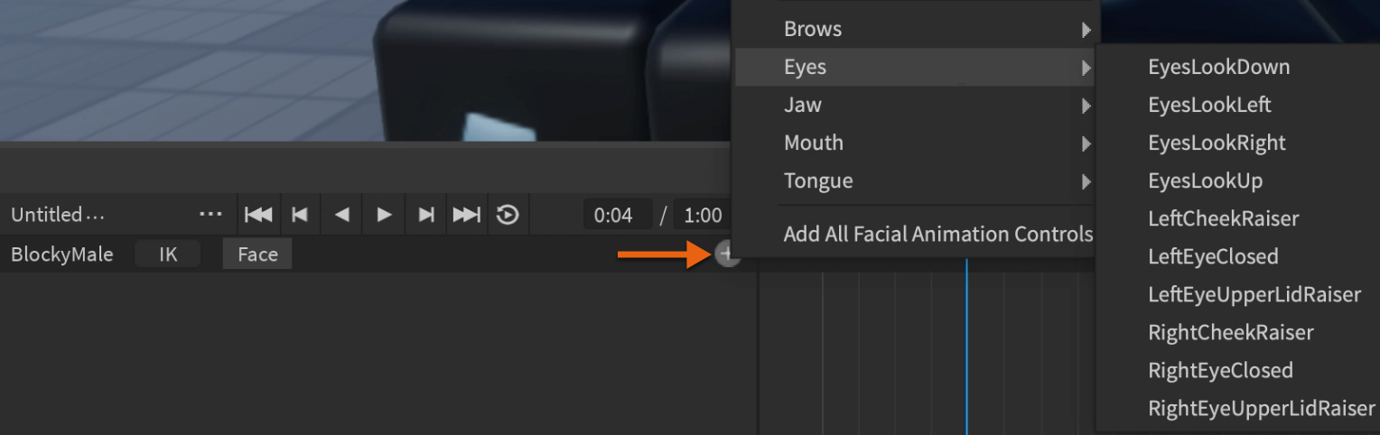 A close up view of the Animation Editor with the contextual menu and its submenu expanded. The plus icon is highlighted to signify how to open the contextual menu.